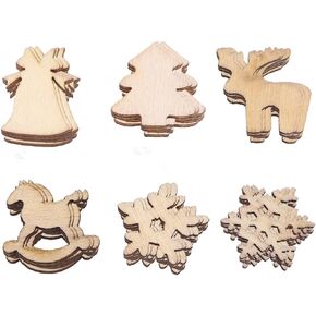 SEWACC 300PCS Mini Christmas Wooden Cutouts Unfinished Wood Christmas Ornaments Snowflake Tree Bell Deer Embellishments Hanging Wooden Pendant Slices for DIY Crafts Xmas Tree Decor Mixed