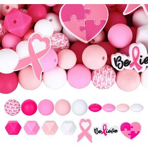 Whaline 104Pcs Breast Cancer Awareness Silicone Beads with Elastic Rope Assorted Pink Rubber Loose Spacer Beads for DIY Crafts Jewelry Necklaces Bracelets Keychain Making