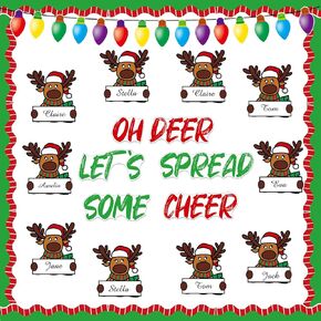 Fuutreo 68 Pcs Winter Elk Bulletin Board Set Winter Reindeer Classroom Decoration Winter Holiday Light Bulb Paper Cutouts Winter Elk Name Tags with Boarders for Wall Party School Decor Supplies