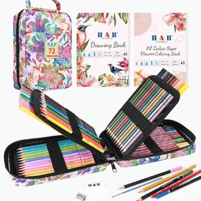 H & B Art Supplies, 77 Pack Drawing Supplies for Adults, Drawing Kit with Drawing Book, Coloring Book, Watercolor Pencils, Coloured Charcoal Macaron Metallic Oil-Based Coloured Pencils for Artists