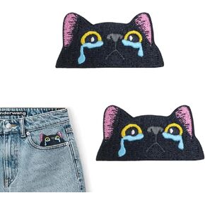 2PCS Black Cat Face Embroidered Patches Embroidered Tactical Patch Sew on Patches Funny Morale Biker Applique Fastener Hook Loop Emblem for Clothing Jackets Jeans Bag Backpacks Hats Decorations