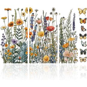 GLOBLELAND 3Pcs Wildflowers Furniture Transfer 6x12inch Butterflies and Flowers Rub on Transfer Self-Adhesive Wall Art Decals for Bedroom Living Room Desk Table Decoration