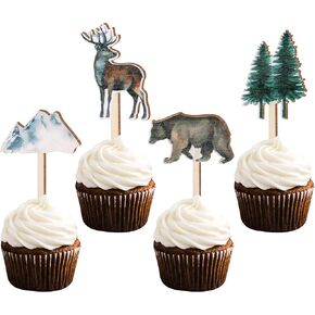 Sursurprise 16PCS Adventure Theme Cupcake Toppers Wooden Forest Mountain Cake Toppers for Adventure Baby Shower Decorations Birthday Party Supplies