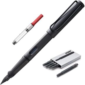 Boxiti Set - Lamy Safari Fountain Pen Charcoal, Fine Nib | 5 Black Ink Cartridges, Z28 Converter and Wipe