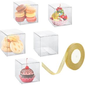 LDXDRU 50Pcs 3 x 3 x 3 Gift Boxes, Clear Boxes for Gifts, Clear Party Favor Boxes, Gift Boxes with Ribbons for Treats Christmas Cupcake, Candy, Chocolates, Birthday Presents Wedding Packaging