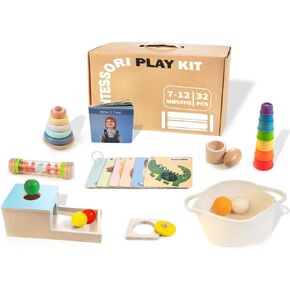 Montessori Toys for Babies 6-12 Months, 9 in 1 Educational Wooden Toys Set, Includes Object Permanence Box, Rain Maker, Treasure Basket, Stacking Cups, Mirror Puzzle and More