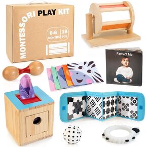 Montessori Toys for Babies 6-12 Months, 9 in 1 Educational Wooden Toys Set, Includes Object Permanence Box, Rain Maker, Treasure Basket, Stacking Cups, Mirror Puzzle and More