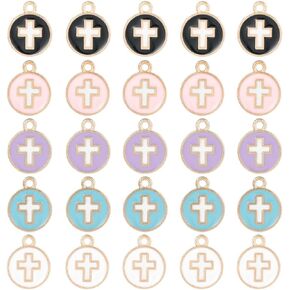 SUNNYCLUE 1 Box 50Pcs Cross Charms Bulk Black White Enamel Cross Charm Flat Round Colorful Crucifix Easter Holiday Hollow Charms for Jewelry Making Charms Women DIY Earrings Bracelets Craft Supplies