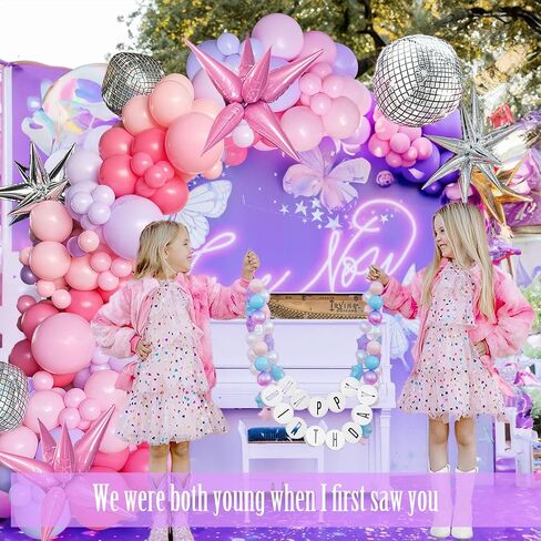 Pink and purple balloon arch Kit with Mylar star Disco Ball Balloon Garland for music fans theme teenage girl Birthday Party Prom Decorations (Pink purple silver) in Saudi Arabia