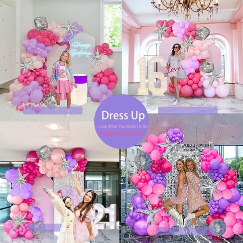 Pink and purple balloon arch Kit with Mylar star Disco Ball Balloon Garland for music fans theme teenage girl Birthday Party Prom Decorations (Pink purple silver) in Saudi Arabia