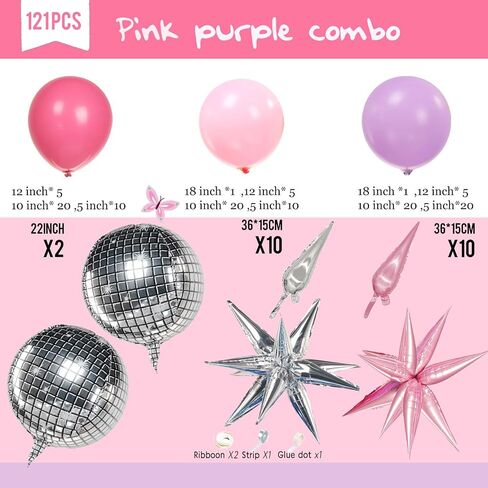 Pink and purple balloon arch Kit with Mylar star Disco Ball Balloon Garland for music fans theme teenage girl Birthday Party Prom Decorations (Pink purple silver) in Saudi Arabia