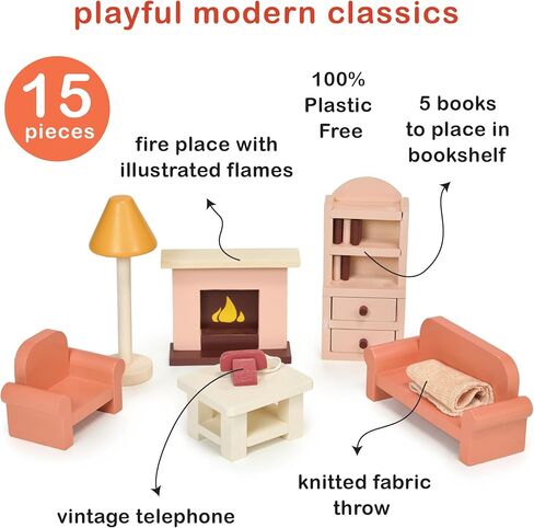 Mentari Toys - Dining Room - Wooden Dollhouse Furniture Set for Dollhouse Dining Room - Furniture Incl Table, 4 Charis, Sideboard and Other Accessories - Age 3+ in Saudi Arabia