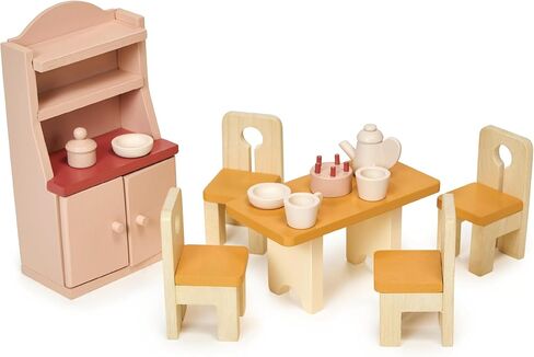 Mentari Toys - Dining Room - Wooden Dollhouse Furniture Set for Dollhouse Dining Room - Furniture Incl Table, 4 Charis, Sideboard and Other Accessories - Age 3+ in Saudi Arabia