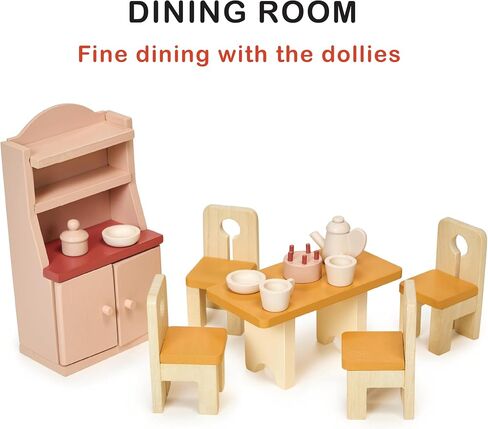 Mentari Toys - Dining Room - Wooden Dollhouse Furniture Set for Dollhouse Dining Room - Furniture Incl Table, 4 Charis, Sideboard and Other Accessories - Age 3+ in Saudi Arabia