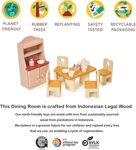 Mentari Toys - Dining Room - Wooden Dollhouse Furniture Set for Dollhouse Dining Room - Furniture Incl Table, 4 Charis, Sideboard and Other Accessories - Age 3+ in Saudi Arabia