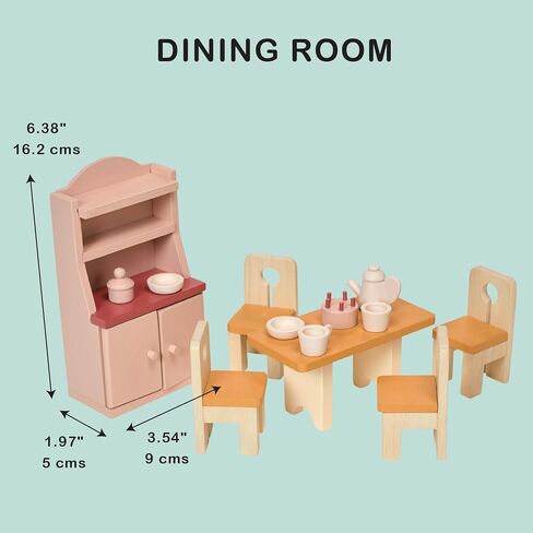 Mentari Toys - Dining Room - Wooden Dollhouse Furniture Set for Dollhouse Dining Room - Furniture Incl Table, 4 Charis, Sideboard and Other Accessories - Age 3+ in Saudi Arabia