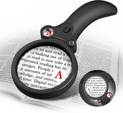 عدسة مكبرة للقراءة، عدسة مكبرة محمولة بإضاءة 60X 30X 15X 6X مع 4 مصابيح LED 1UV لكبار السن للقراءة والفحص والعملات المعدنية والمجوهرات (أسود) in Kuwait