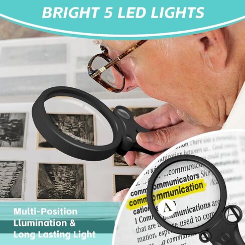 عدسة مكبرة للقراءة، عدسة مكبرة محمولة بإضاءة 60X 30X 15X 6X مع 4 مصابيح LED 1UV لكبار السن للقراءة والفحص والعملات المعدنية والمجوهرات (أسود) in Kuwait