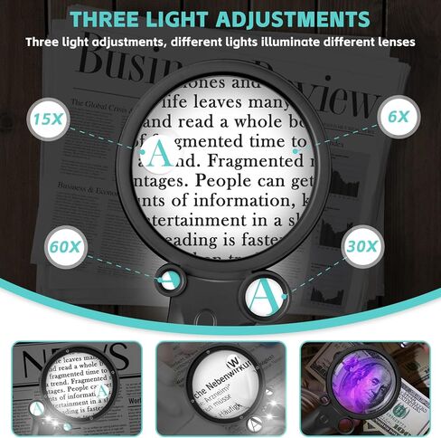 عدسة مكبرة للقراءة، عدسة مكبرة محمولة بإضاءة 60X 30X 15X 6X مع 4 مصابيح LED 1UV لكبار السن للقراءة والفحص والعملات المعدنية والمجوهرات (أسود) in Kuwait