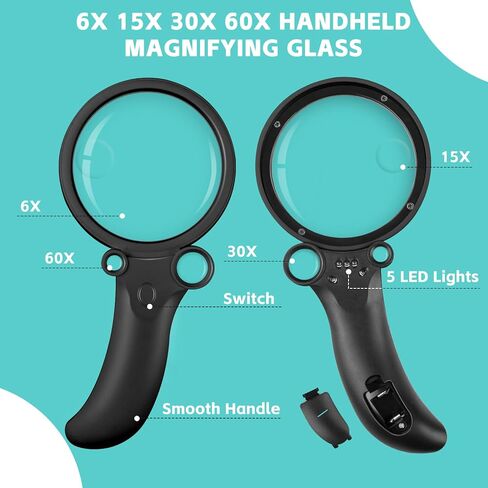 عدسة مكبرة للقراءة، عدسة مكبرة محمولة بإضاءة 60X 30X 15X 6X مع 4 مصابيح LED 1UV لكبار السن للقراءة والفحص والعملات المعدنية والمجوهرات (أسود) in Kuwait
