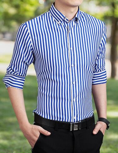 Men's Long Sleeve Dress Shirts Casual Business Vertical Striped Button Down Slim Fit Shirts in Kuwait