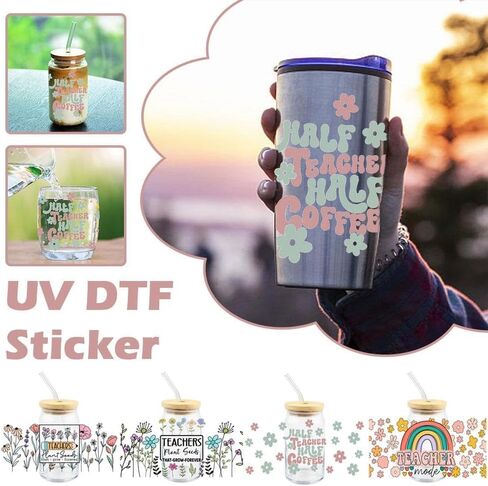 4 ورقات من كأس DTF للأشعة فوق البنفسجية لعيد المعلم، فرك مقاوم للماء على ملصقات الأكواب الناقلة للأثاث، أكواب زجاجية من الخشب، مصنوعة يدويًا، لاصقة من الفينيل in Kuwait