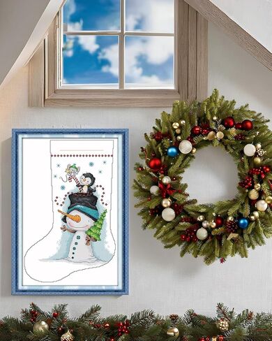 CaptainCrafts Cross Stitch Kit for Adults Stamped Cross Stitch Pre-Printed Fabrics Cross Stitch Embroidery Kits for Adults Beginners Home Decor (Stamped 11CT, Christmas Stocking Snowman White) in Kuwait