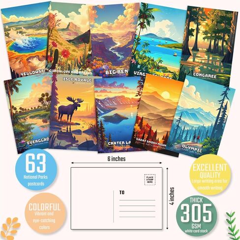 LCLAIDYDY 63 National Parks Postcard Set,Vintage Travel Posters Illustrations Postcards,U.S. National Parks Post Cards for Kids Students Teachers Mailing 4x6 in Saudi Arabia