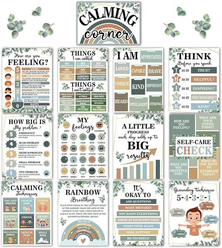 19 PCS Eucalyptus Calming Corner Classroom Posters Calm Down Corner Feeling Management Posters Emotion Educational Mental Health Poster Back to School Wall Art Bulletin Board Decor for School Office in Saudi Arabia