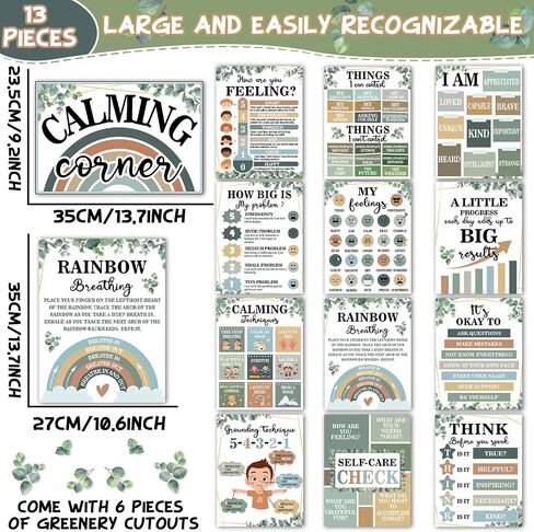 19 PCS Eucalyptus Calming Corner Classroom Posters Calm Down Corner Feeling Management Posters Emotion Educational Mental Health Poster Back to School Wall Art Bulletin Board Decor for School Office in Saudi Arabia