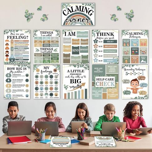 19 PCS Eucalyptus Calming Corner Classroom Posters Calm Down Corner Feeling Management Posters Emotion Educational Mental Health Poster Back to School Wall Art Bulletin Board Decor for School Office in Saudi Arabia