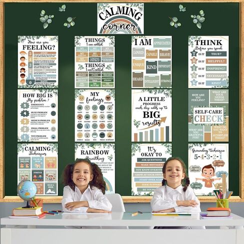 19 PCS Eucalyptus Calming Corner Classroom Posters Calm Down Corner Feeling Management Posters Emotion Educational Mental Health Poster Back to School Wall Art Bulletin Board Decor for School Office in Saudi Arabia