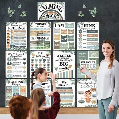 19 PCS Eucalyptus Calming Corner Classroom Posters Calm Down Corner Feeling Management Posters Emotion Educational Mental Health Poster Back to School Wall Art Bulletin Board Decor for School Office in Saudi Arabia