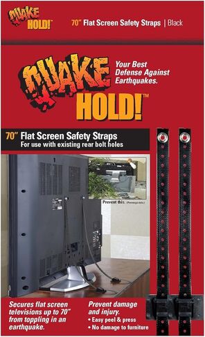 QuakeHOLD! 70" Flat Screen T Safety Straps, Nylon Anti-Tip Adhesive Straps, Earthquake, Fire, Flood Protection, For TVs and Furniture, Child Proofing for Home Safety, Easy Installation, Black, 1 Pack in Kuwait