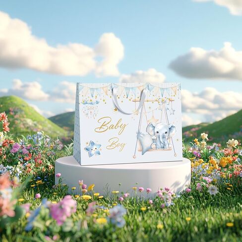 حقيبة هدايا كبيرة للغاية من slapaflife لاستحمام الطفل، مقاس 40.64 سم لطيف على شكل فيل أزرق طفل رضيع من رقائق الذهب مع بطاقة ومناديل ورقية، استحمام الطفل، عيد ميلاد الطفل in Kuwait