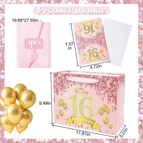 meliatomia rose pink 16 & Sweet Happy 16th عيد ميلاد هدية حقيبة للفتيات، حلوة 16 سنة هدايا عيد ميلاد زينة للفتيات، عيد ميلاد 16th هدية حقيبة بطاقة أفكار لابنة حفيدة in Kuwait