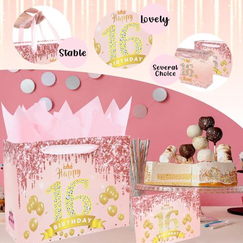 meliatomia rose pink 16 & Sweet Happy 16th عيد ميلاد هدية حقيبة للفتيات، حلوة 16 سنة هدايا عيد ميلاد زينة للفتيات، عيد ميلاد 16th هدية حقيبة بطاقة أفكار لابنة حفيدة in Kuwait