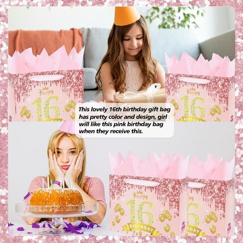 meliatomia rose pink 16 & Sweet Happy 16th عيد ميلاد هدية حقيبة للفتيات، حلوة 16 سنة هدايا عيد ميلاد زينة للفتيات، عيد ميلاد 16th هدية حقيبة بطاقة أفكار لابنة حفيدة in Kuwait