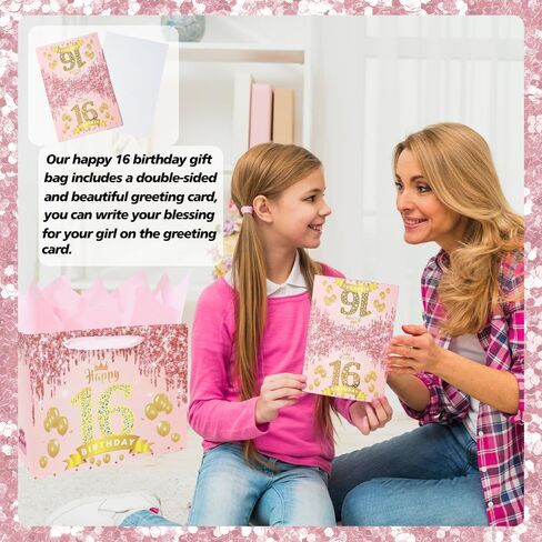 meliatomia rose pink 16 & Sweet Happy 16th عيد ميلاد هدية حقيبة للفتيات، حلوة 16 سنة هدايا عيد ميلاد زينة للفتيات، عيد ميلاد 16th هدية حقيبة بطاقة أفكار لابنة حفيدة in Kuwait