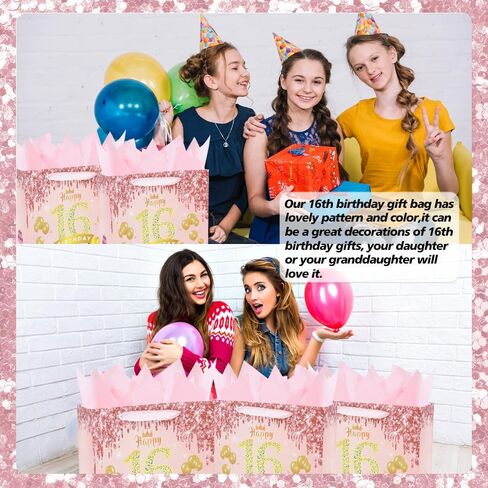 meliatomia rose pink 16 & Sweet Happy 16th عيد ميلاد هدية حقيبة للفتيات، حلوة 16 سنة هدايا عيد ميلاد زينة للفتيات، عيد ميلاد 16th هدية حقيبة بطاقة أفكار لابنة حفيدة in Kuwait