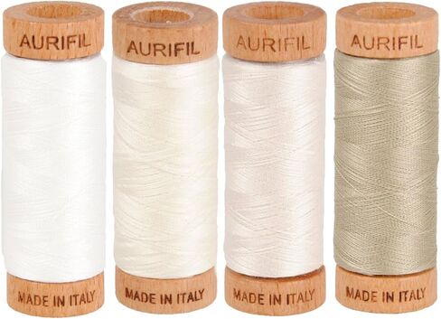 Aurifil خيط قطن مصري 80 واط، (4) 306 ياردة (280 مترًا) بكرات، الألوان: أبيض طبيعي (رقم 2021)، طباشير (رقم 2026)، موسلين (رقم 2311)، حجري (رقم 2324) in Kuwait