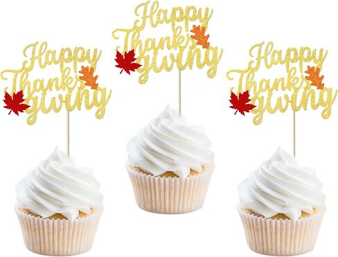 32 Pack Thankful Cupcake Toppers Glitter Thank You Cupcake Picks Autumn Fall Maple Leave Pumpkin Turkey Cupcake Decorations Thanksgiving Day Birthday Cake Decorations Colorful in Kuwait