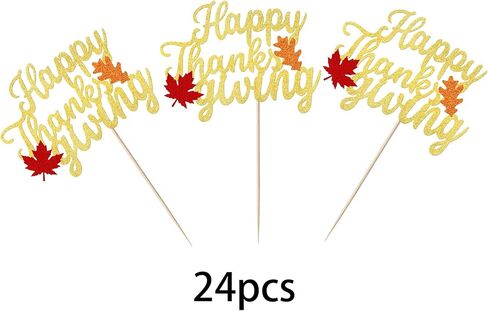 32 Pack Thankful Cupcake Toppers Glitter Thank You Cupcake Picks Autumn Fall Maple Leave Pumpkin Turkey Cupcake Decorations Thanksgiving Day Birthday Cake Decorations Colorful in Kuwait