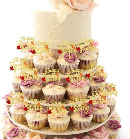 32 Pack Thankful Cupcake Toppers Glitter Thank You Cupcake Picks Autumn Fall Maple Leave Pumpkin Turkey Cupcake Decorations Thanksgiving Day Birthday Cake Decorations Colorful in Kuwait