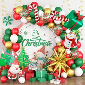 Christmas Balloon Arch, Green Red Christmas Balloons, Green Red White Christmas Balloon Garland Kit with Confetti Balloons Cane Gingerbread Man Explosion Star Snowman Christmas Foil Balloon