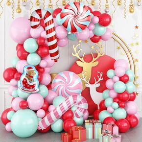 Christmas Balloons Arch, Pink Green Red Christmas Balloons, 5 10 18 Inch Pink Green Christmas Balloon Garland Kit, Christmas Party Balloons with Candy Cane Sled Foil Balloons for Christmas Party