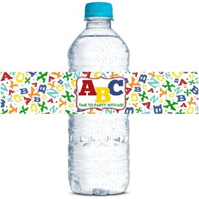 ABC Alphabet Letters & Learning Birthday Themed Waterproof Water Bottle Sticker Wrappers 20 Wrap Around Labels Sized 1.75" x 8.5" by AmandaCreation