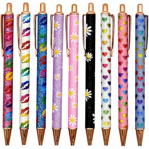 9 PCS Sparkle Glitter Heart Pens - Metal Daisy Flower Wedding Retractable Ballpoint Pens with Lip Print, Perfect for Women, Ladies, School, Party, Office, Valentine's Day, Birthday