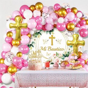 Mi Bautizo Decorations,Baptism Party Decorations Kit - Pink Gold Balloon Garland Arch kit, Mi Bautizo Backdrop, Cake Topper, Tablecloth, Gold Cross Balloons