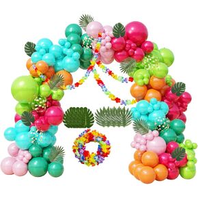 Tropical Balloon Arch Kit 161pcs Hawaiian Theme Rose Gold Confetti Balloon Luau Palm Leaives Flowers For Summer Baby Shower,Island,Beach,Flamingo Pink Pool Parties,Aloha Birthday Party Decorations